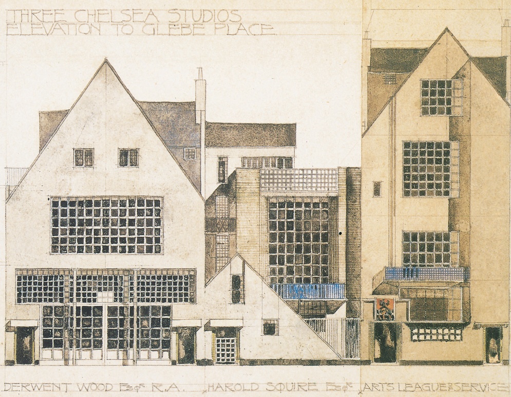 Mackintosh&#39;un Chelsea&#39;deki üç sanatçı stüdyosu için kuzey cephesi, 1920.