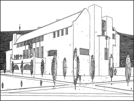 Mackintosh'un Sanat Sever Evi'nin kuzey-batı perspektifinden çizimi.