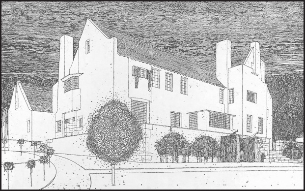 The Hill House'un çizimi, güneybatıdan görünüş.