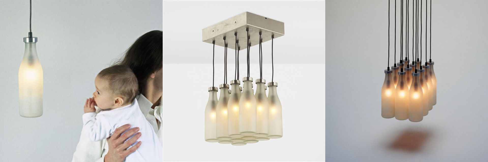 Süt Şişesi Lambası (Milkbottle Lamp): 12 süt şişesi, 15W ampul (110V), paslanmaz çelik.