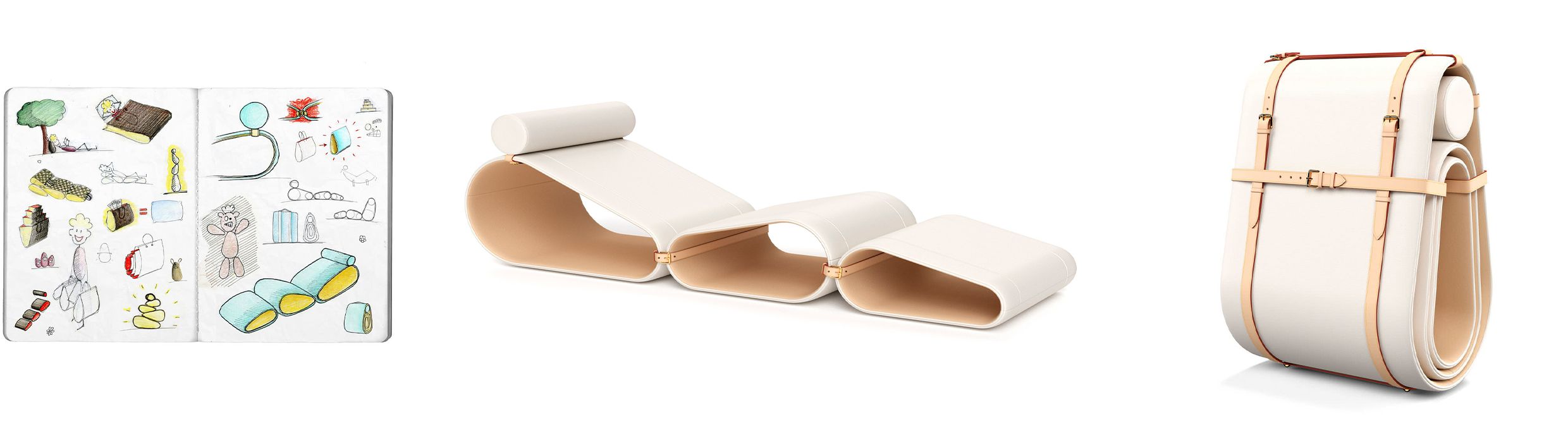 ‘Chaise Longue’ (2015) dört parçadan oluşan modüler yumuşak deri kayışlarla birbirine bağlanan dönüşen bir mobilyadır.