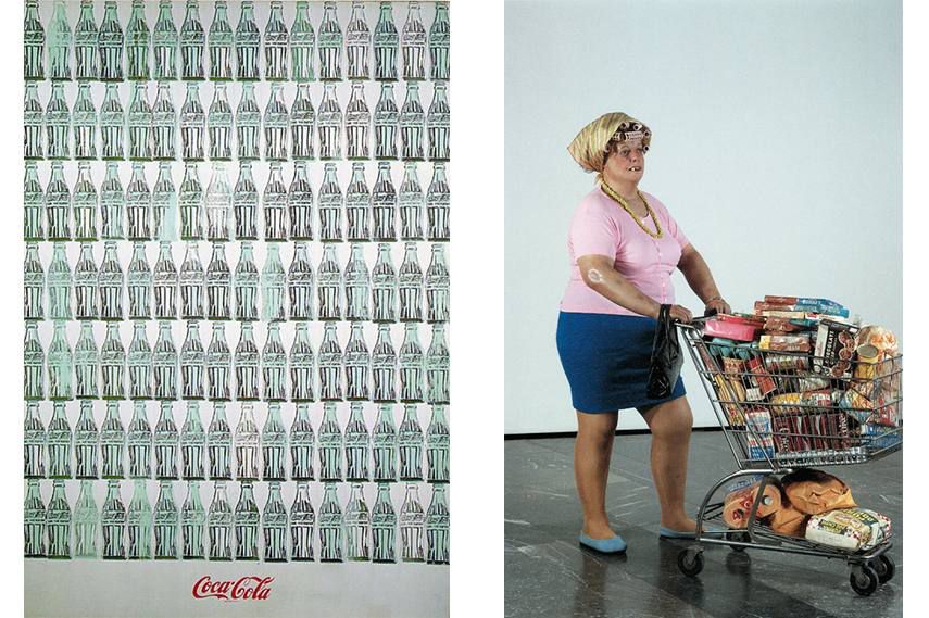 Solda: Andy Warhol pop art Coco Colar şişeleri, Sağda: Obez, alışveriş arabalı kadın. Tüketimi kültürü.